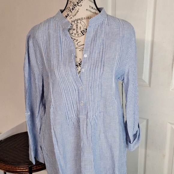 Tahari Linen Blend blue & white striped Long Sleeve Dress Size Small GUC Midi - Picture 2 of 15